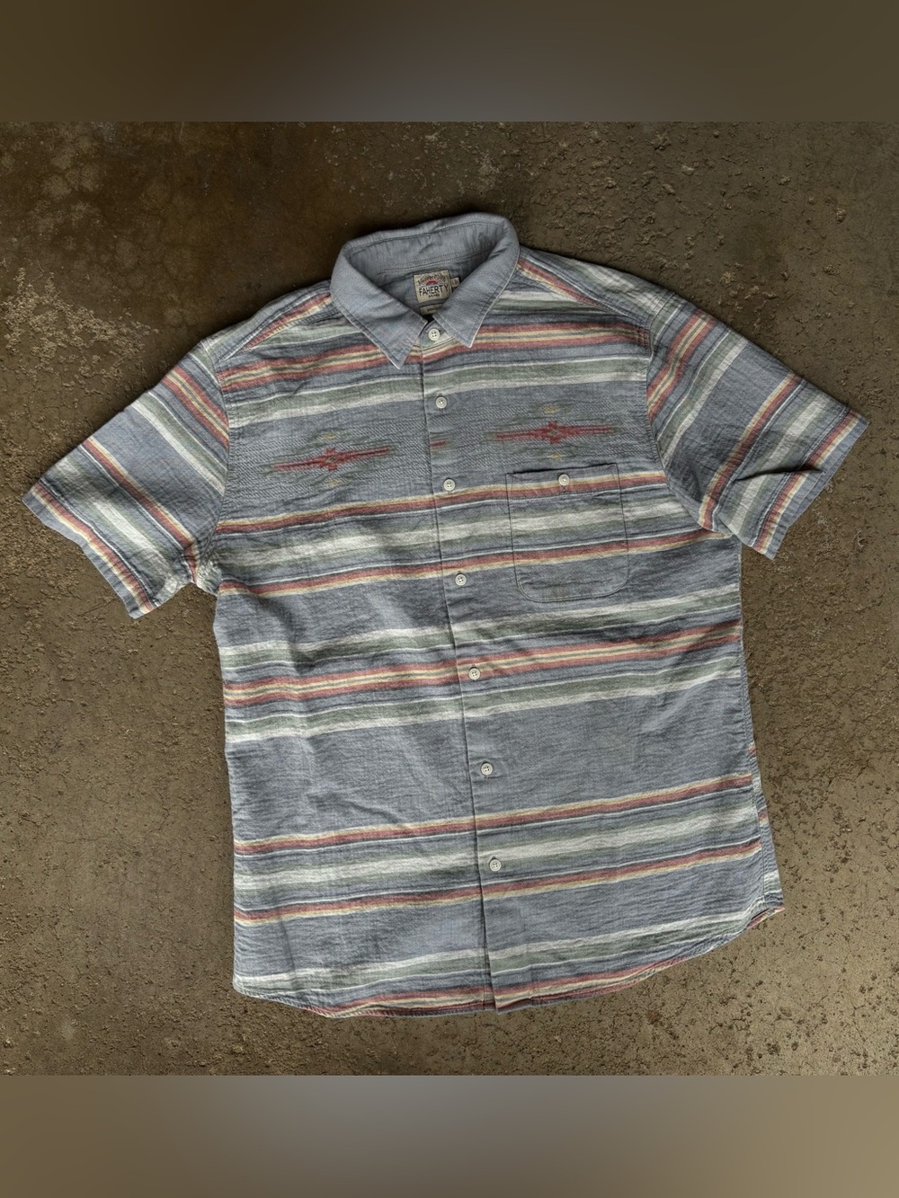 Faherty Doug Good Feather Short Sleeve Button Front Cotton Shirt Aztec Pocket L